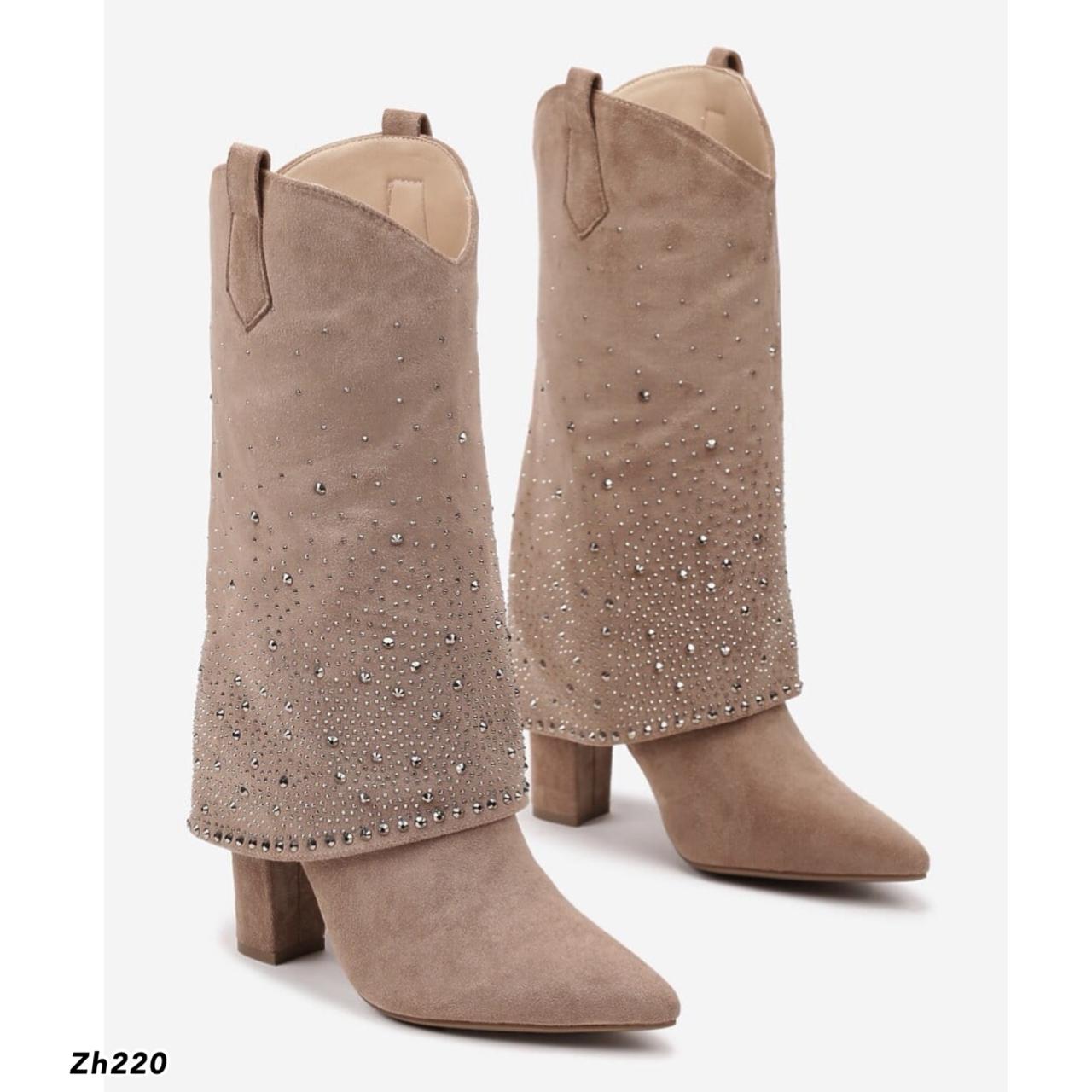 Bota beige doblez apliques brillantes tacon 10cm  MS1569  C-92