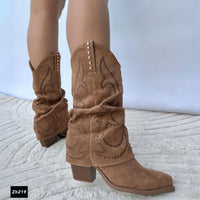 Bota texana café claro doblez apliques brillantes tacon 9cm  A9982  C-90