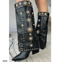 Bota texana negro doblez apliques dorado tacon 8cm  HX3198-B0199