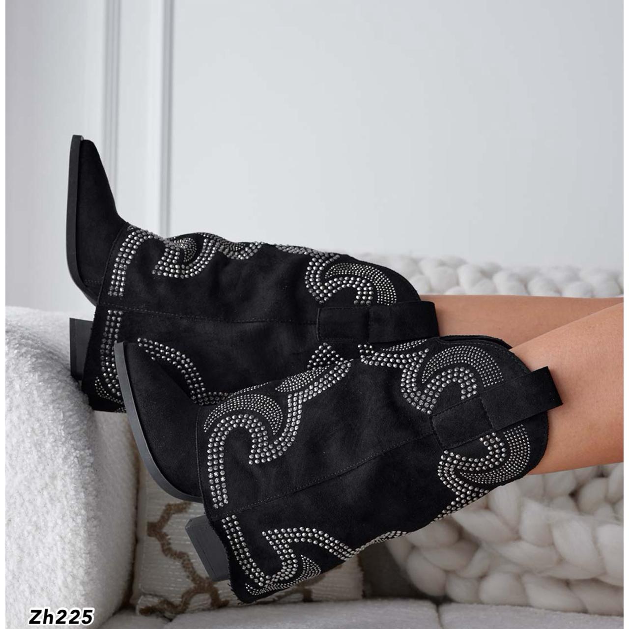 Bota texana negro doblez apliques plateado brillantes tacon  8cm  A9589  C-83