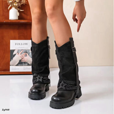 Bota negro doblez apliques plateado suela 4cm  5078  C-33