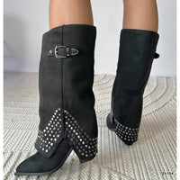 Bota texana negro doblez apliques plomo tacon 9cm  255-040