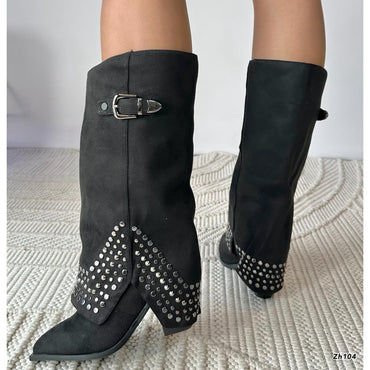 Bota texana negro doblez apliques plomo tacon 9cm  255-040