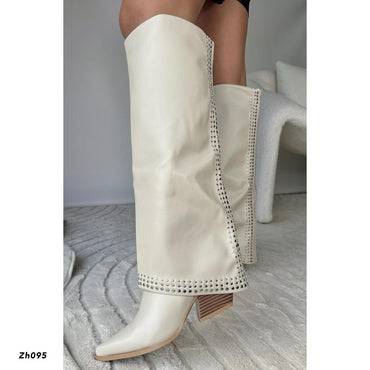Bota texana beige doblez apliques plateado tacon 7cm  255-024