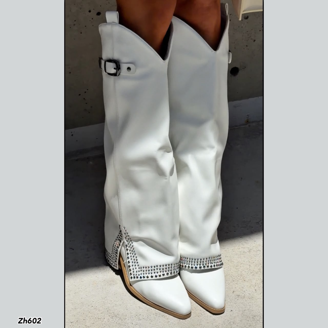 Bota texana blanco doblez apliques plateado tacon 8cm  HX2997-B9926