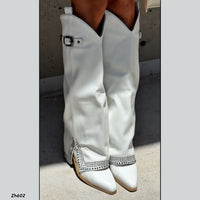 Bota texana blanco doblez apliques plateado tacon 8cm  HX2997-B9926