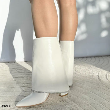 Botin blanco doblez borde plateado tacon 8cm  255-021