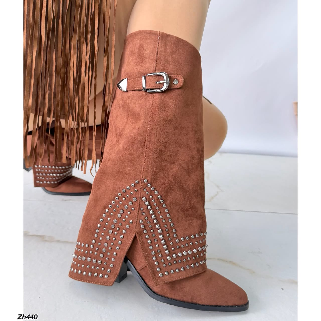Bota texana café doblez apliques plateado tacon 8cm  HX2997-B0140