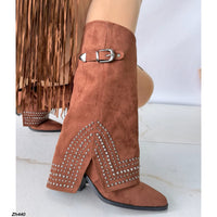 Bota texana café doblez apliques plateado tacon 8cm  HX2997-B0140