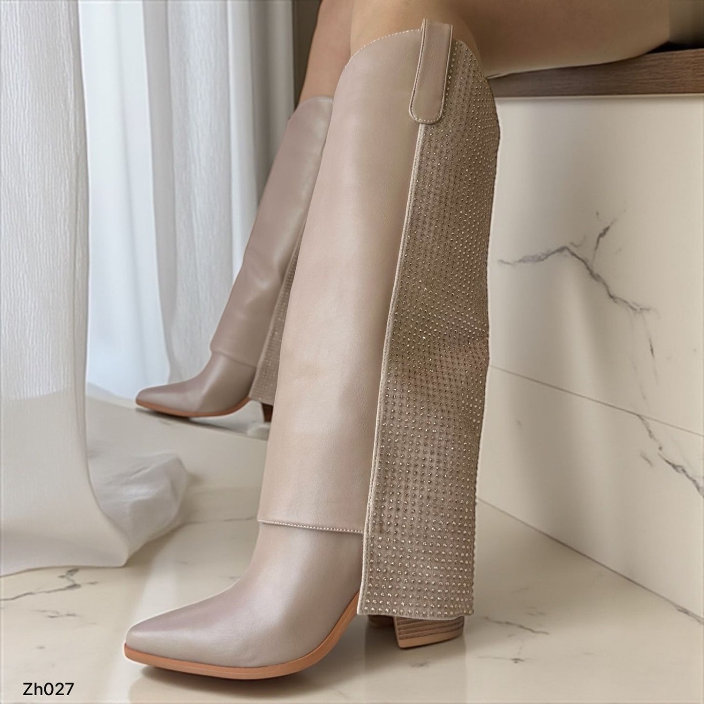 Bota texana beige doblez apliques brillantes palo rosa tacon 10cm  255-100