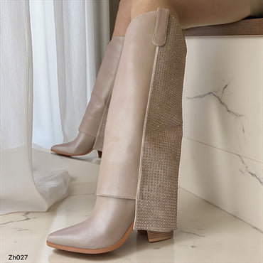 Bota texana beige doblez apliques brillantes palo rosa tacon 10cm  255-100