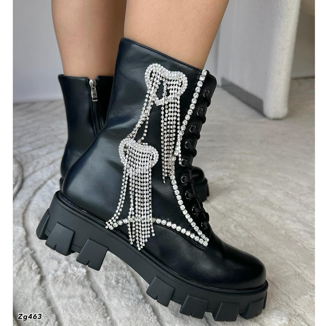 Botin negro apliques plateados brillantes suela 4cm  BT08#  C-1