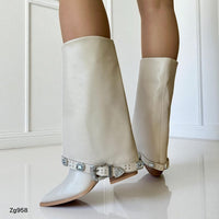 Bota texana beige doblez correa plateado tacon 8cm     255-015