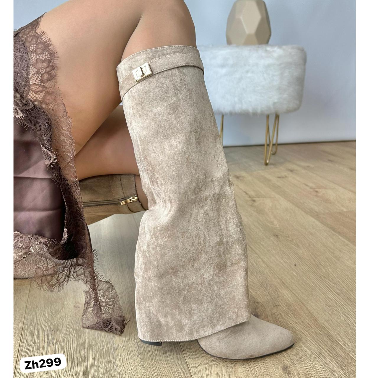 Bota caña alta beige doblez detalle dorado tacon 9cm  52201   C - 103