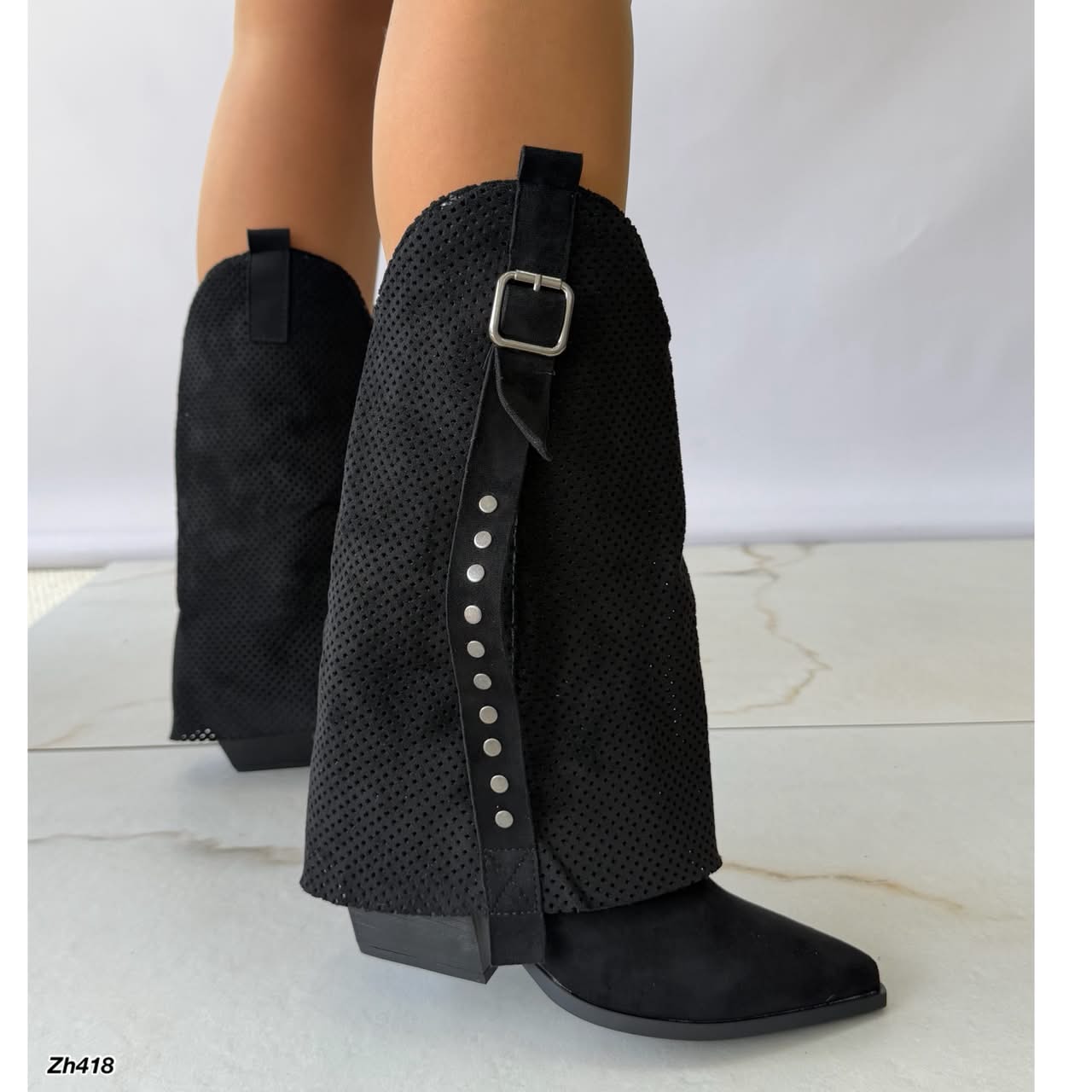 Bota texana negro doblez detalle malla apliques plateado tacon 7cm   G715  C-141
