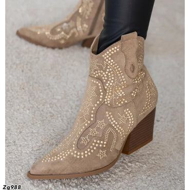 Botin texano cafe apliques brillantes tacon 7cm AA8A-AX83570-16 C-38