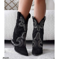 Bota texana negro doblez apliques plateado brillantes tacon  8cm  A9589  C-83