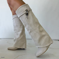 Bota caña alta beige doblez detalle plateado tacon corrido 9cm   HX2697-C1179