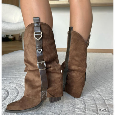 Bota texana café doblez detalle correa tacon 9cm  A9852   C-160