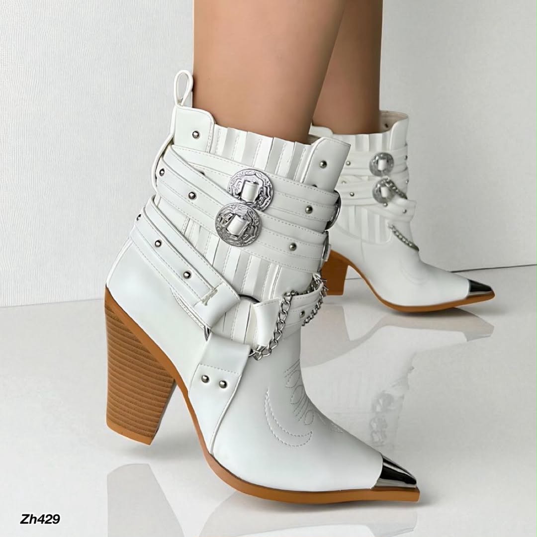 Botin texano blanco detalle correas y cadena plateado tacon 11cm  HX3088-C1080