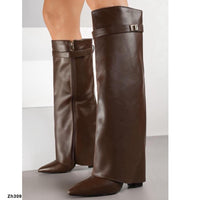 Bota caña alta café doblez detalle dorado tacon 9cm   BM177  C-97