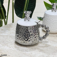 Mugs plateado ceramica detalle oso en tapa manija bolas  430ml
