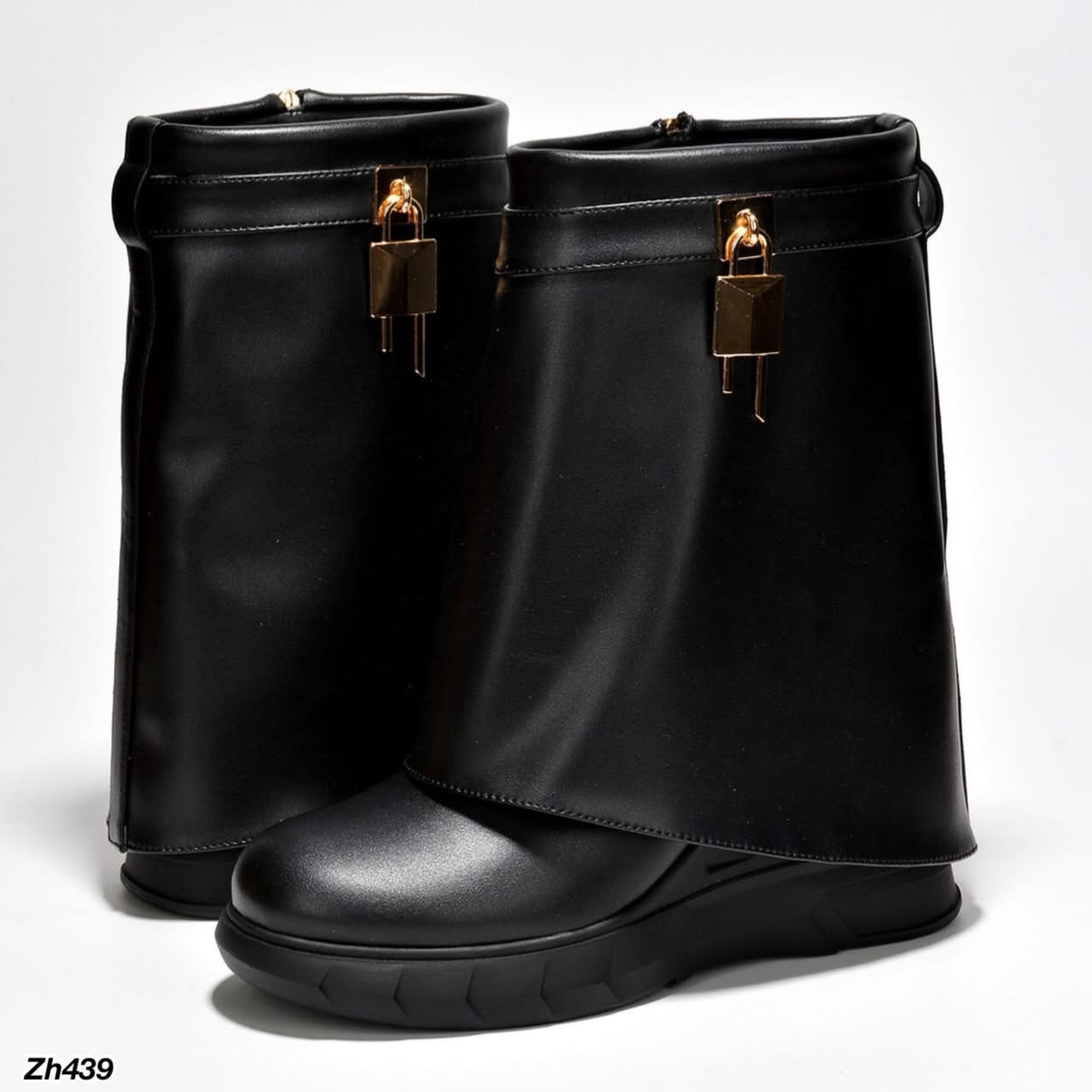 Botin negro doblez detalle dorado tacon corrido 9cm  HX3090-C1099