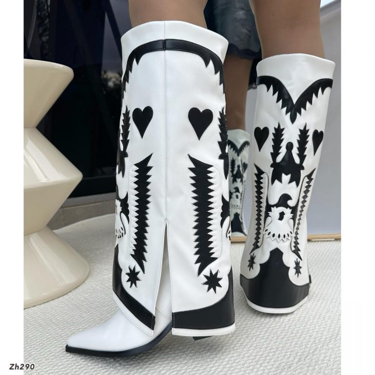 Bota texana blanco doblez detalles negro tacon 8cm  HX3198-C1300
