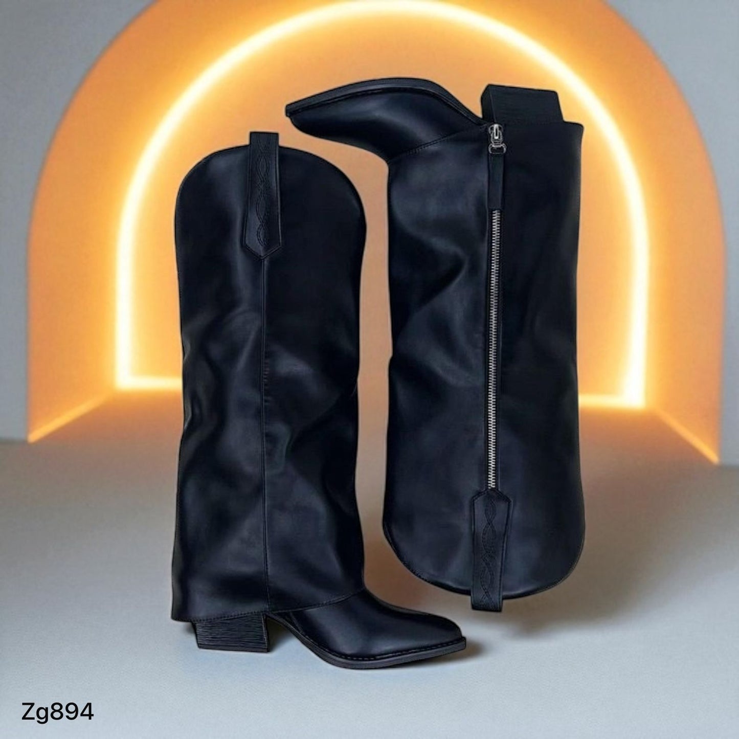 Bota texana negro doblez  cierre plateado tacon 6cm  D8235  C-16