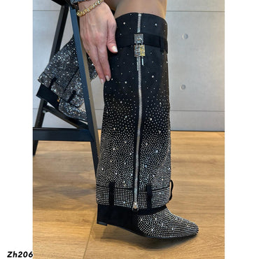 Bota caña alta negro doblez apliques plateado brillantes tacon corrido 9cm   HX2697-C1208