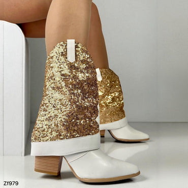 Bota blanco doblez lentejuelas doradas tacon 8cm   BT14#   C-1