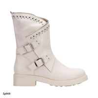 Botin beige apliques plomo detalle correa y cierre suela 3cm  MS1528  C-58