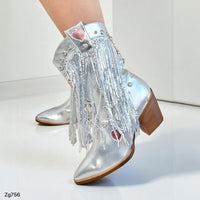 Botin texano plateado detalle corazon lentejuelas brillante  tacon 7cm  IS14-058
