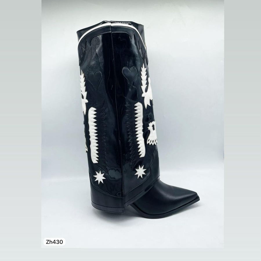 Bota texana negro doblez detalles blanco tacon 8cm  HX3198-C1300A