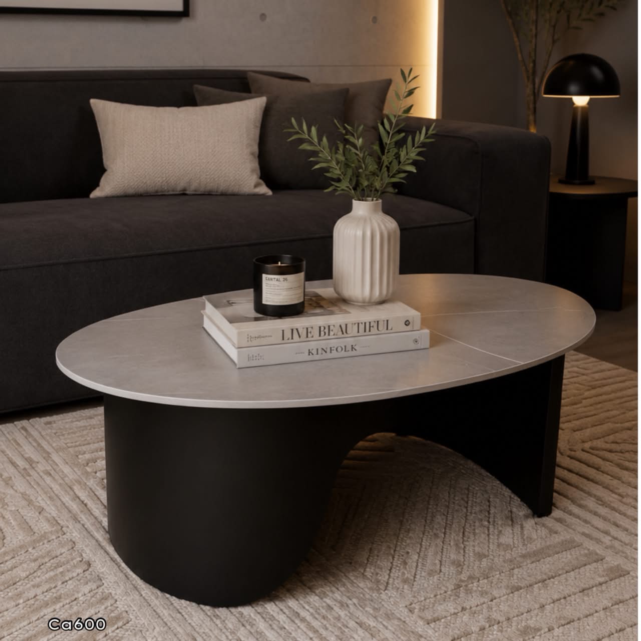 Mesa de centro piedra gris base metal negro 100cm* 60cm* 40cm