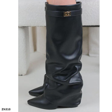 Bota caña alta negro doblez detalle dorado tacon 10cm  A9830  C-94