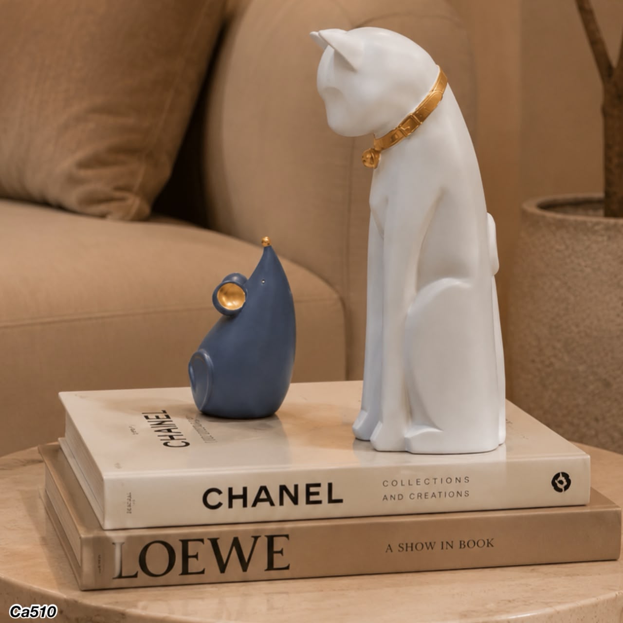 Set gato blanco y raton azul detalle dorado  12cm* 10cm* 30cm  -  8cm* 7cm* 13,5cm