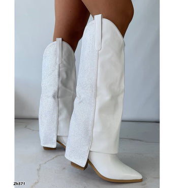 Bota texana blanco doblez apliques brillante tacon 8cm   HX3191-B0060