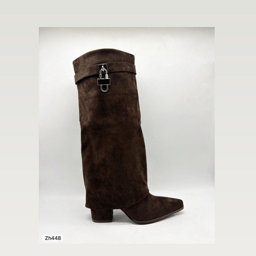Bota caña alta café doblez detalle plateado tacon 9cm  HX3278-C1668