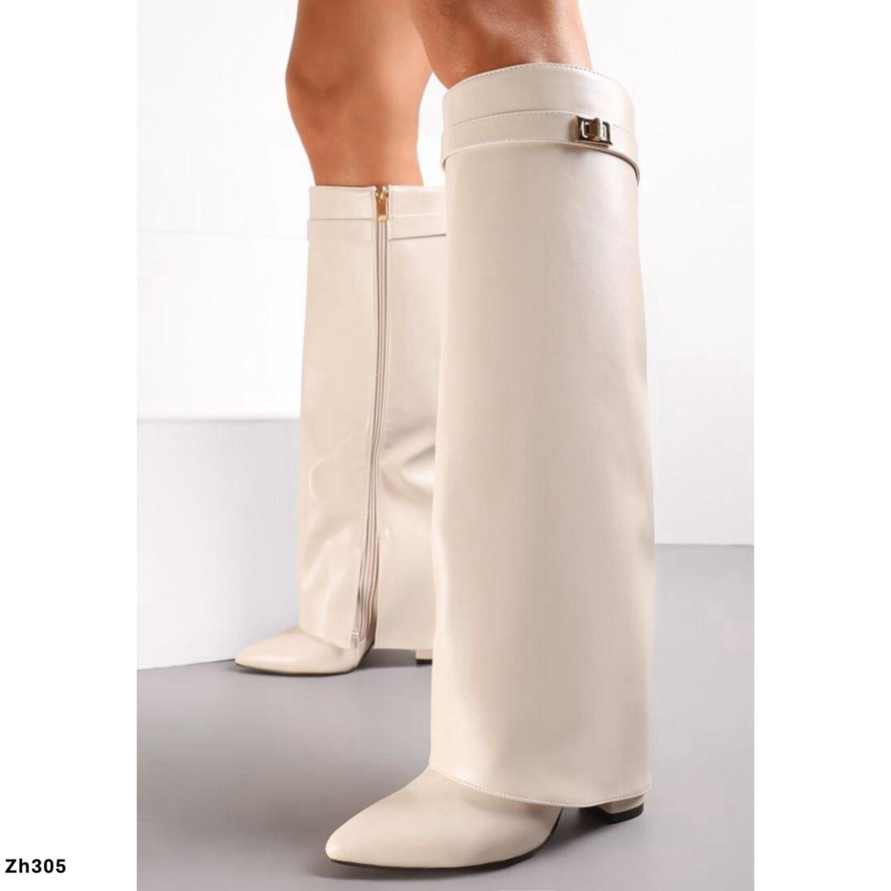 Bota caña alta beige doblez detalle dorado tacon 10cm  SM569  C-99