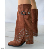 Bota texana café doblez apliques plateado tacon 8cm  HX2997-B0140