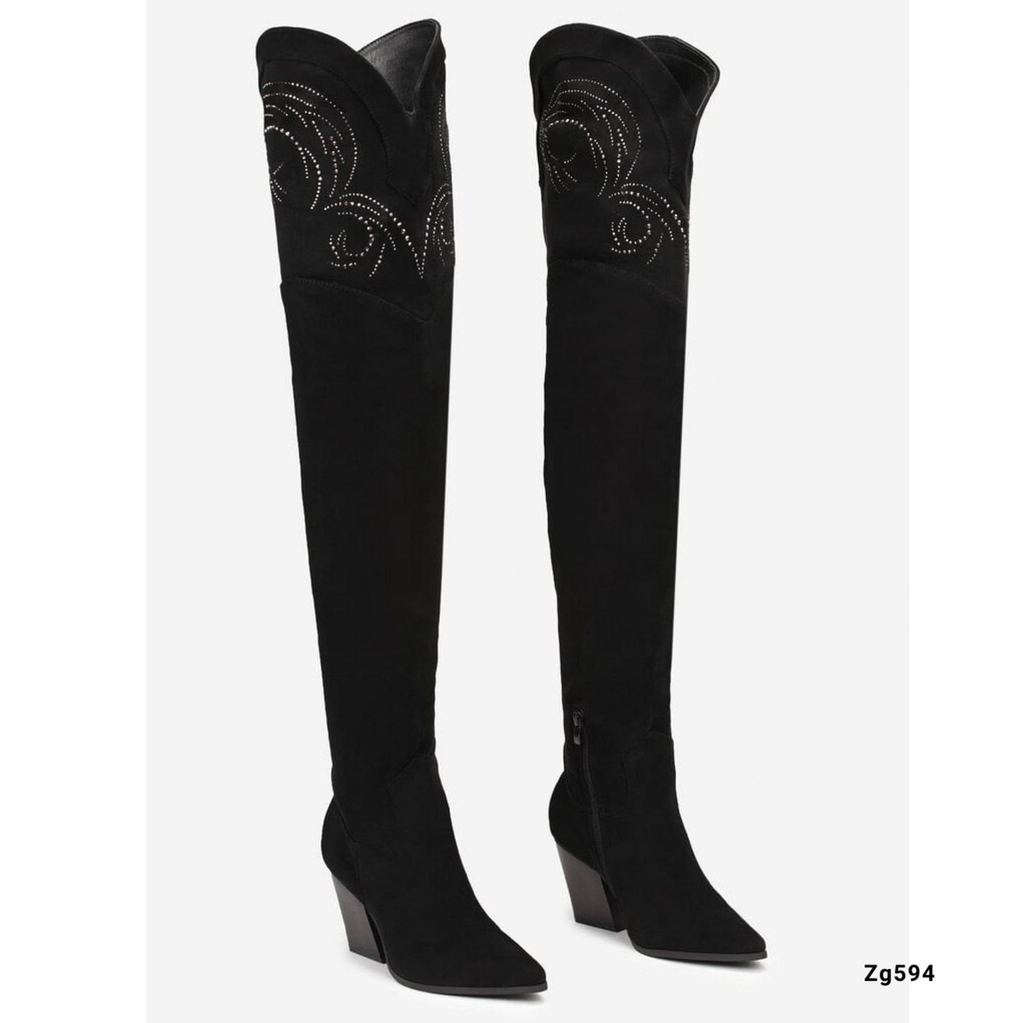 Bota extralarga texano negro apliques plateados tacon 8cm  9587A  C-71
