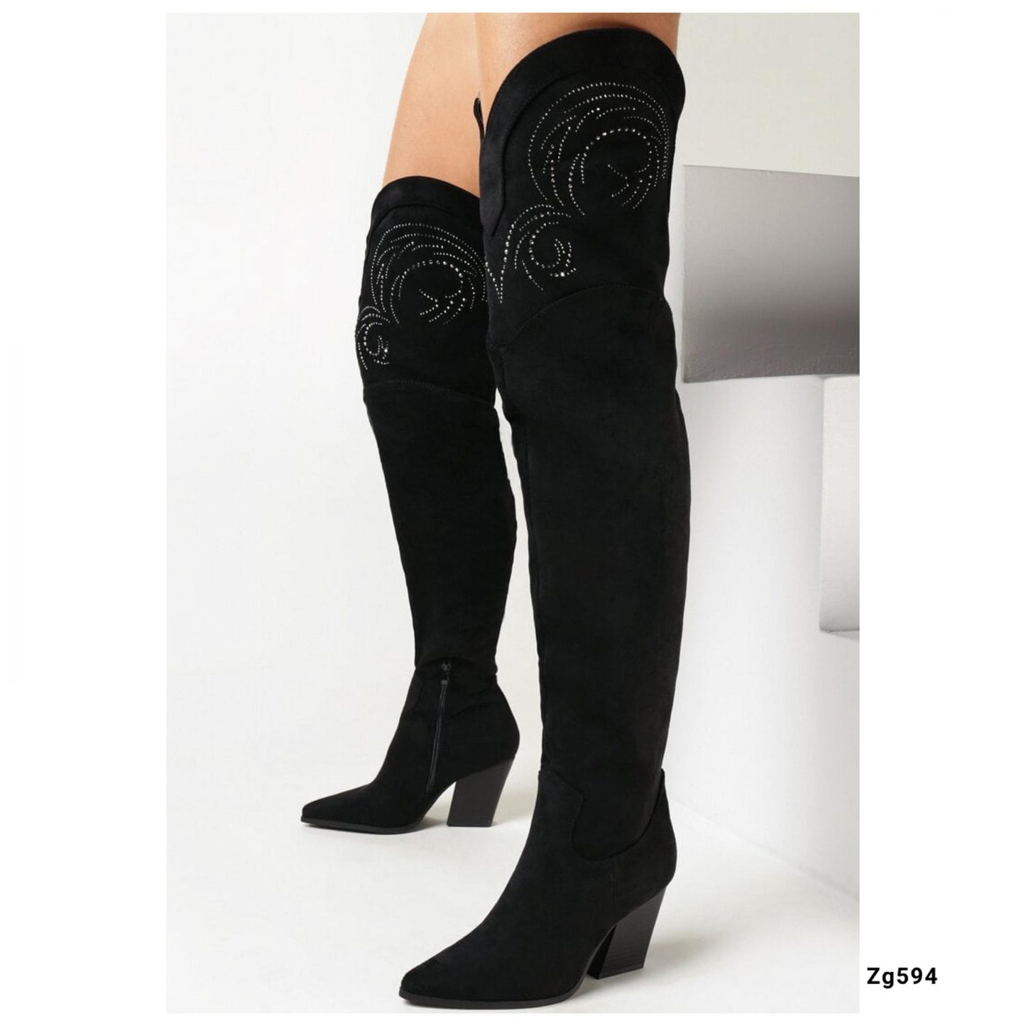 Bota extralarga texano negro apliques plateados tacon 8cm  9587A  C-71