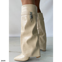 Bota caña alta beige textura doblez detalle plateado tacon 10cm  HX3079-B9527