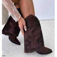 Bota texana café doblez apliques negro brillante tacon 9cm   A9589  C-143
