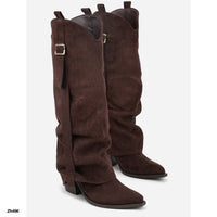 Bota texana cafe doblez detalle hebilla dorado tacon 9cm  7699A  C-163