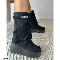 Botin negro doblez detalle plateado plataforma 7cm  255-106