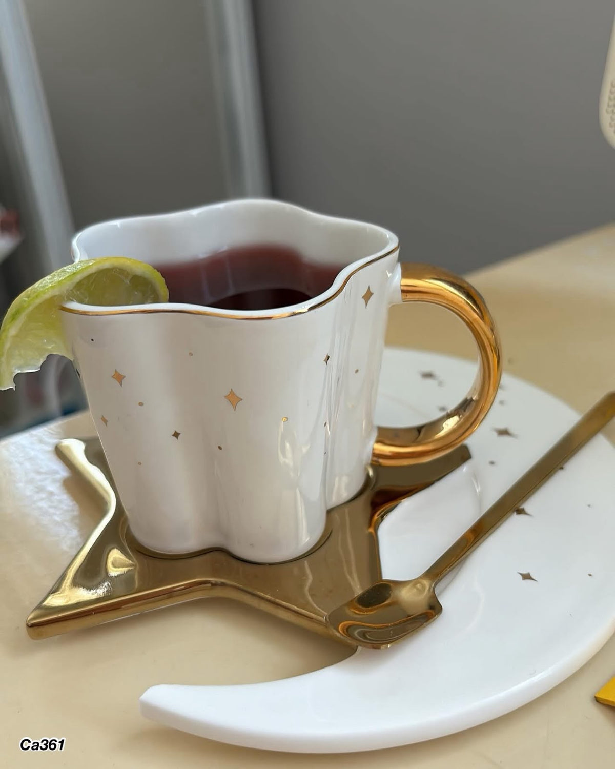 Taza plato luna blanco  detalles dorado 120ml
