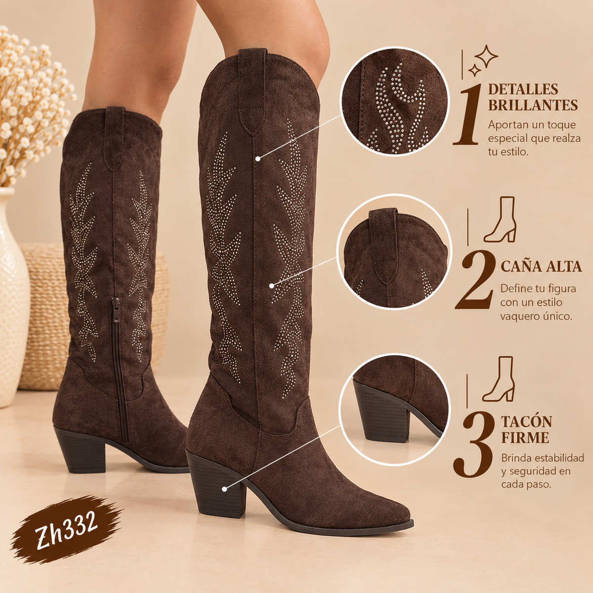 Bota texana café oscuro apliques plateado tacon 8cm  A9829  C-124