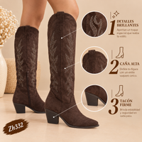 Bota texana café oscuro apliques plateado tacon 8cm  A9829  C-124